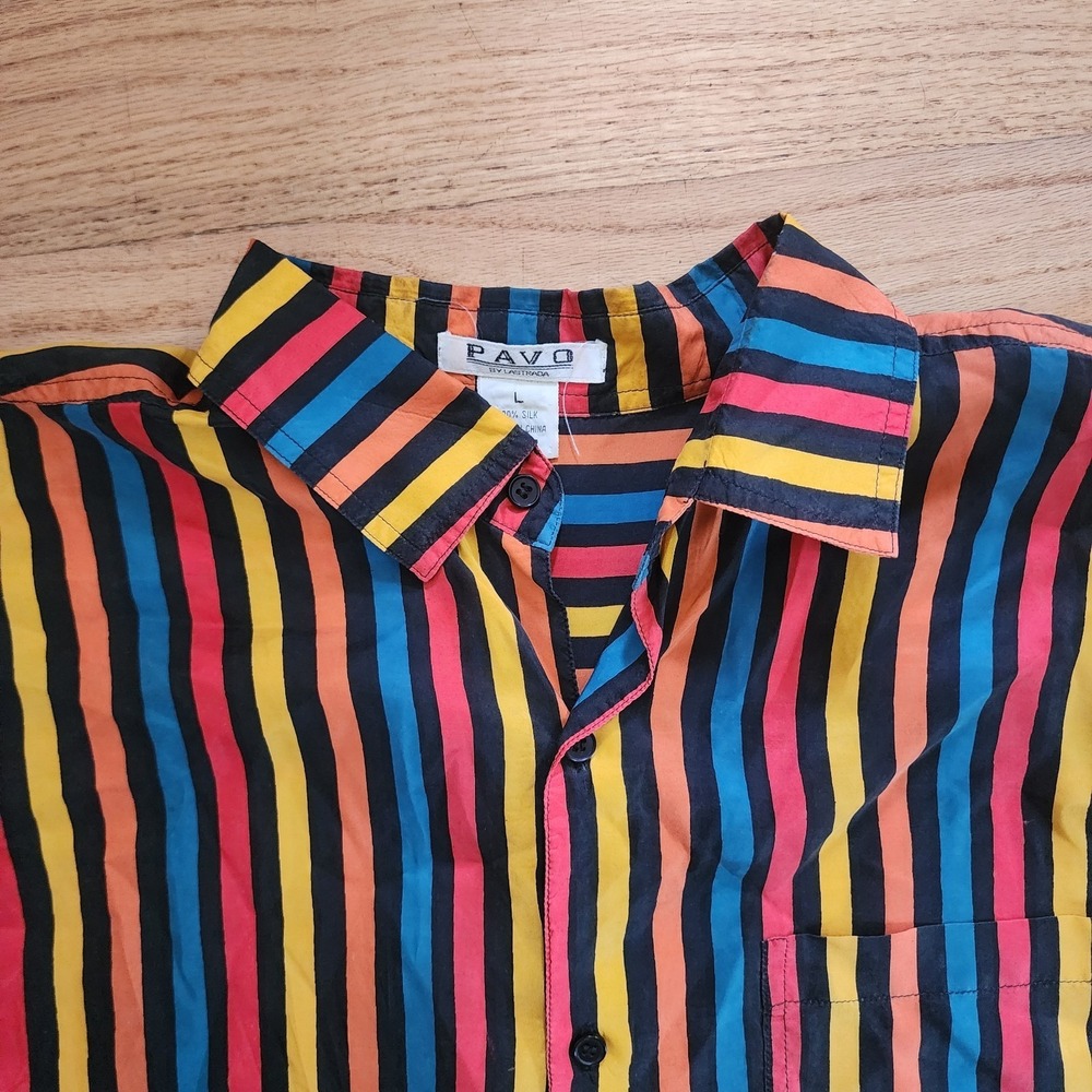 Pavo Lastrada Vintage Striped Rainbow Shirt Size Large 100% Silk Short Sleeve